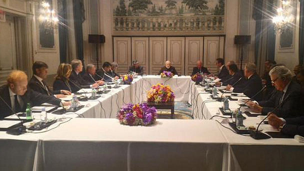 PM Narendra Modi at a roundtable on ‘Media, Technology &amp; Communications-Growth Story for India’. (Photo: <a href="https://twitter.com/ANI_news/status/647121334263156737">Twitter</a>)