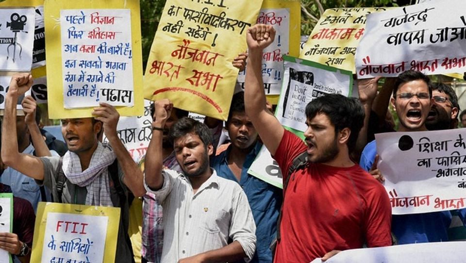 File image of students shouting slogans at a protest against the appointment of Gajendra Chauhan at FTII. (Photo: PTI)