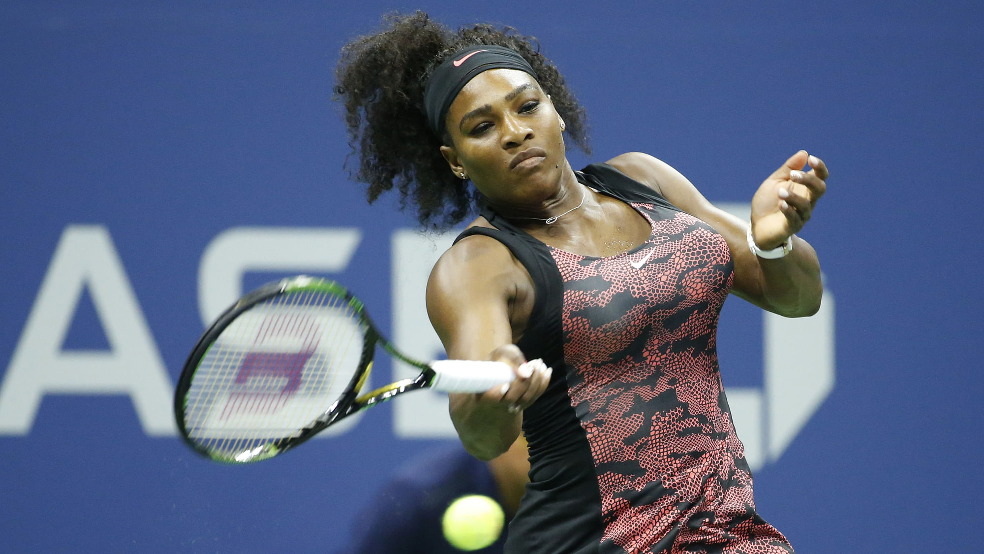 Serena Williams plays a shot in the quarter-final of the US Open. (Photo: AP)