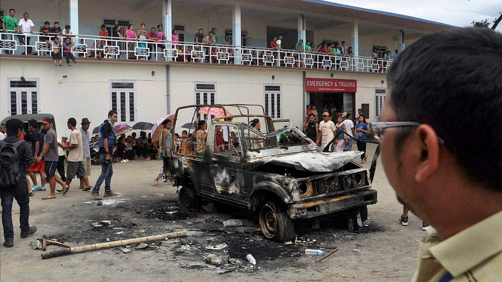 <div class="paragraphs"><p>Police vehicle burnt by protesters in the Churachandpur district of Manipur.</p></div>