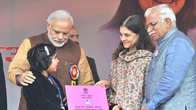 Maneka Gandhi with PM Modi&nbsp;and Haryana CM Manohar Khattar at the launch of the ‘Beti Bachao’ campaign (Photo Courtesy: Wikimedia Commons)