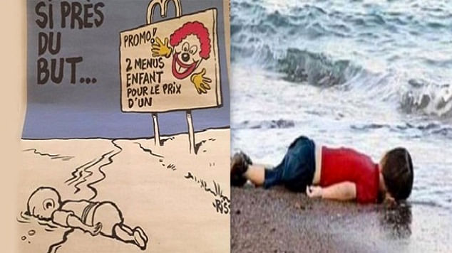 The picture on the right captured a thousand words; on the left is the Charlie Hebdo cartoon. (Photo Courtesy: <a href="https://www.facebook.com/sunnyhundalorg/posts/892465700823514">Facebook</a>)