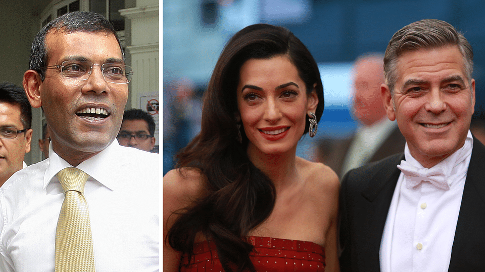 

 Former Maldives President Mohamed Nasheed (Left), International human rights lawyer&nbsp;Amal Clooney with husband George Clooney (Right). (Photo: Reuters)