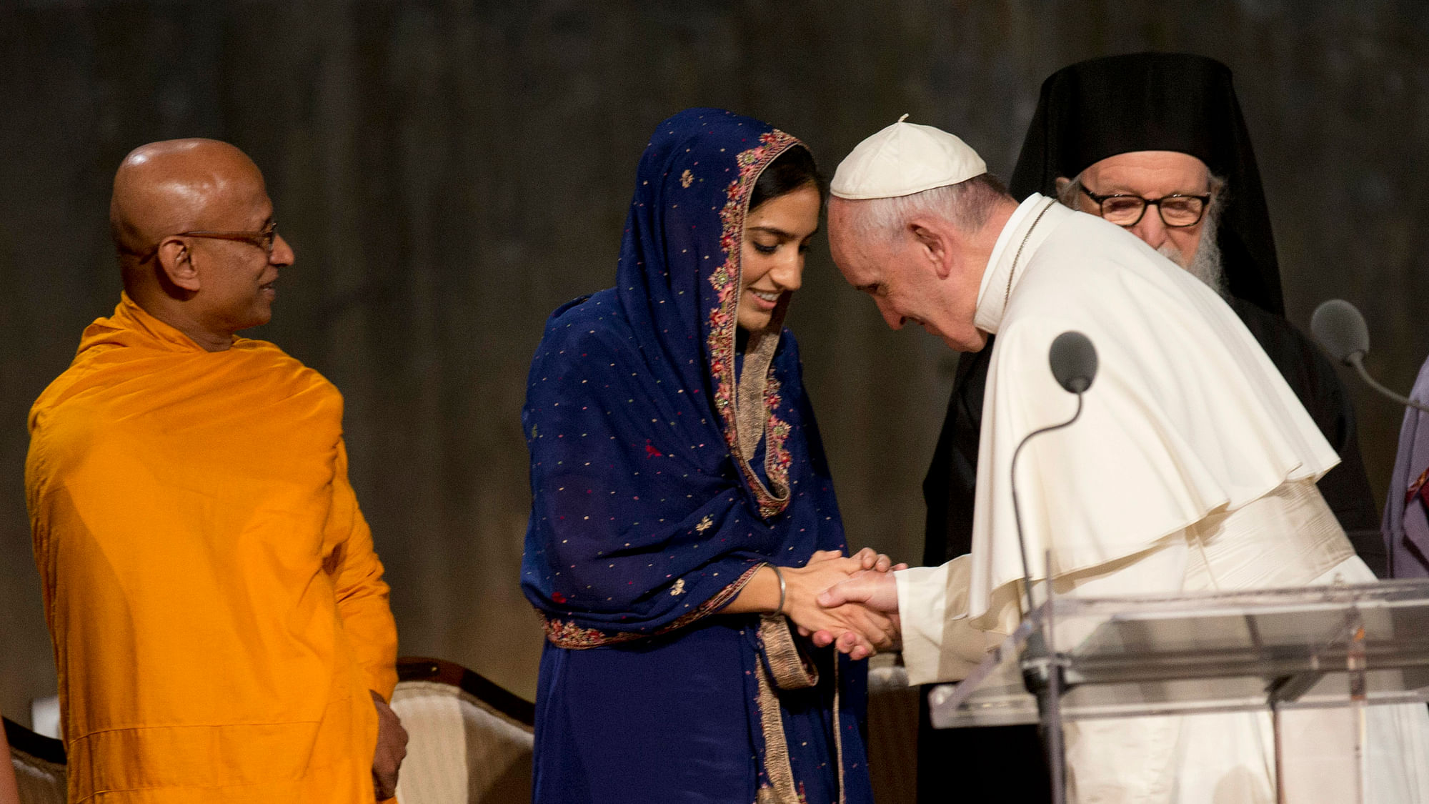Pope Francis greets Gunisha Kaur, member of the Sikh community, at an interfaith service at the Sept. 11 Memorial Museum in New York on Friday. (Photo: AP)
