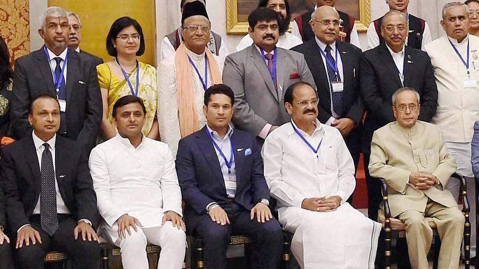 President Pranab Mukherjee and Union Parliamentary Affairs Minister M Venkaiah Naidu with Sachin Tendulkar, Anil Ambani, Akhilesh Yadav, Kamal Hassan and other brand ambassador for Swachh Bharat Mission. (Photo: PTI)