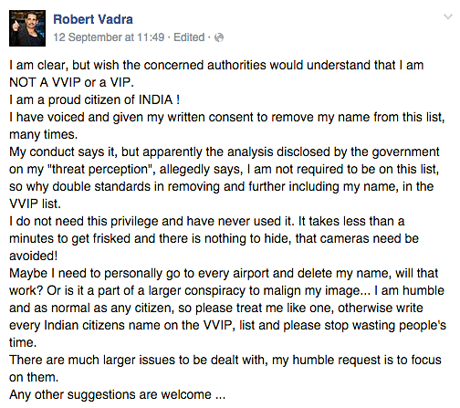 Robert Vadra, the son-in-law of Congress president Sonia Gandhi, takes to facebook to target Centre over VVIP list.