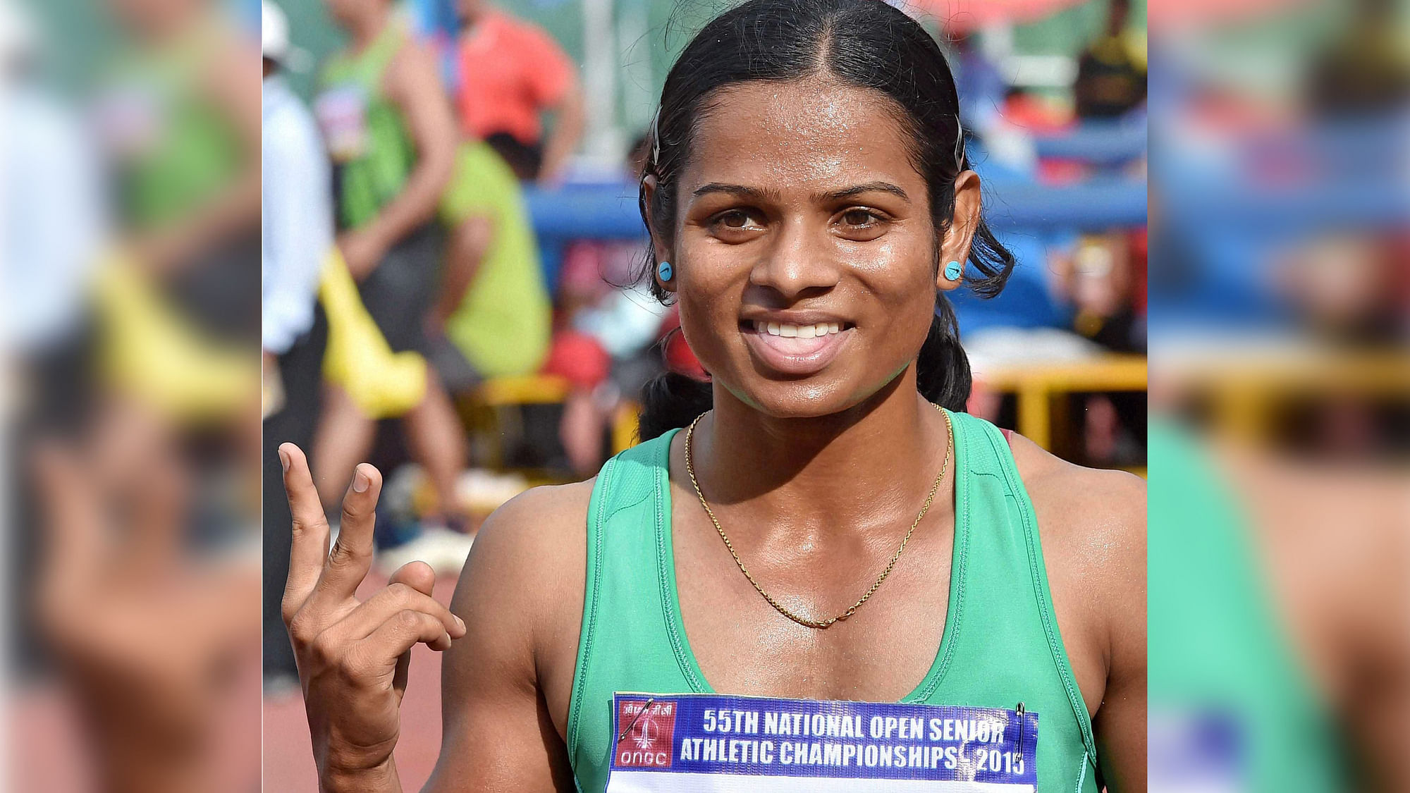 Dutee Chand celebrates after winning the Women’s 100m race during 55th National Open Athletic Championship.&nbsp;
