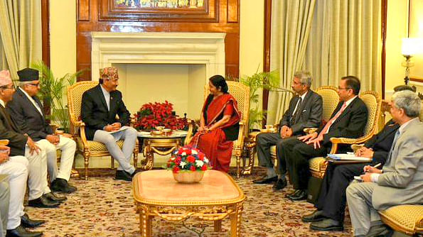 The Deputy Prime Minister of Nepal, Kamal Thapa, met with India’s Minister of External Affairs, Sushma Swaraj, at Hyderabad House on Sunday. (Photo: MEA)