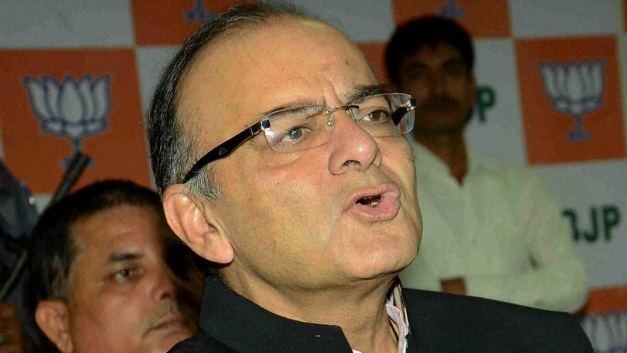 Union I&amp;B Minister Arun Jaitley addressing a press conference at BJP office in Patna on Thursday. (Photo: PTI)