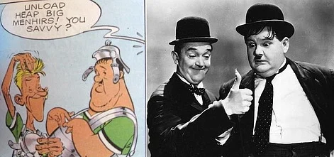 Laurel and Hardy as themselves (Courtesy: <a href="http://www.everythingasterix.com/news-and-views-content/2015/3/25/the-24-best-cameos-in-asterix">www.everythingasterix.com</a>)