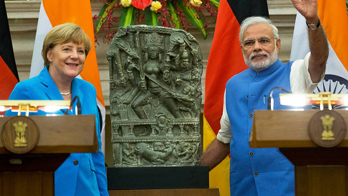 German Chancellor Angela Merkel and Prime Minister Narendra Modi in Delhi. (Photo: AP)
