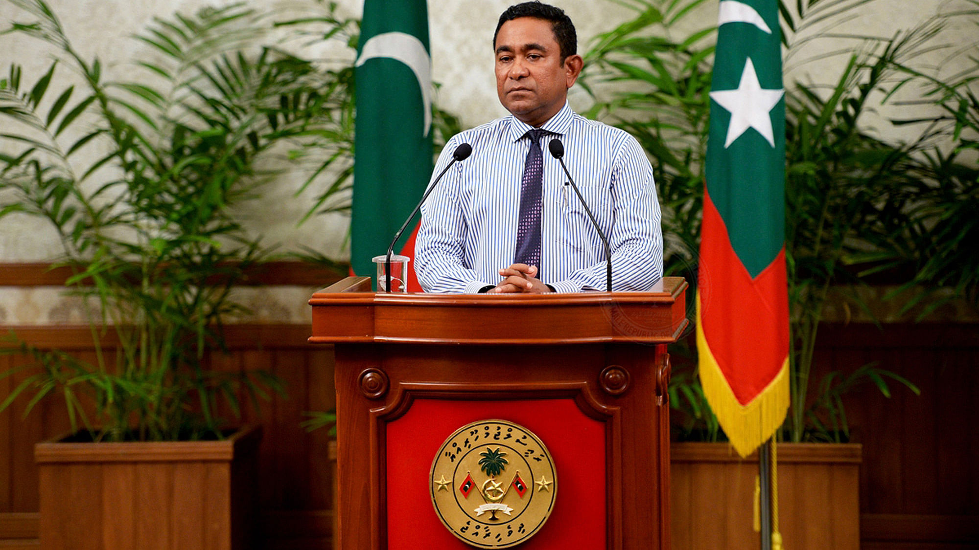 Maldives President Yameen Abdul Gayoom addressing the nation in Male, Maldives, October 25, 2015. (Photo: AP)