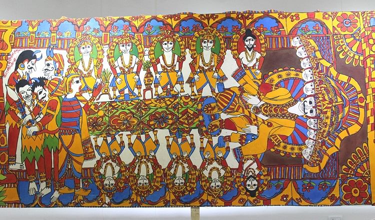 The foundation of Bhanu’s works is based on Indian art;  he has created a 80-metre canvas to retell the Ramayana.