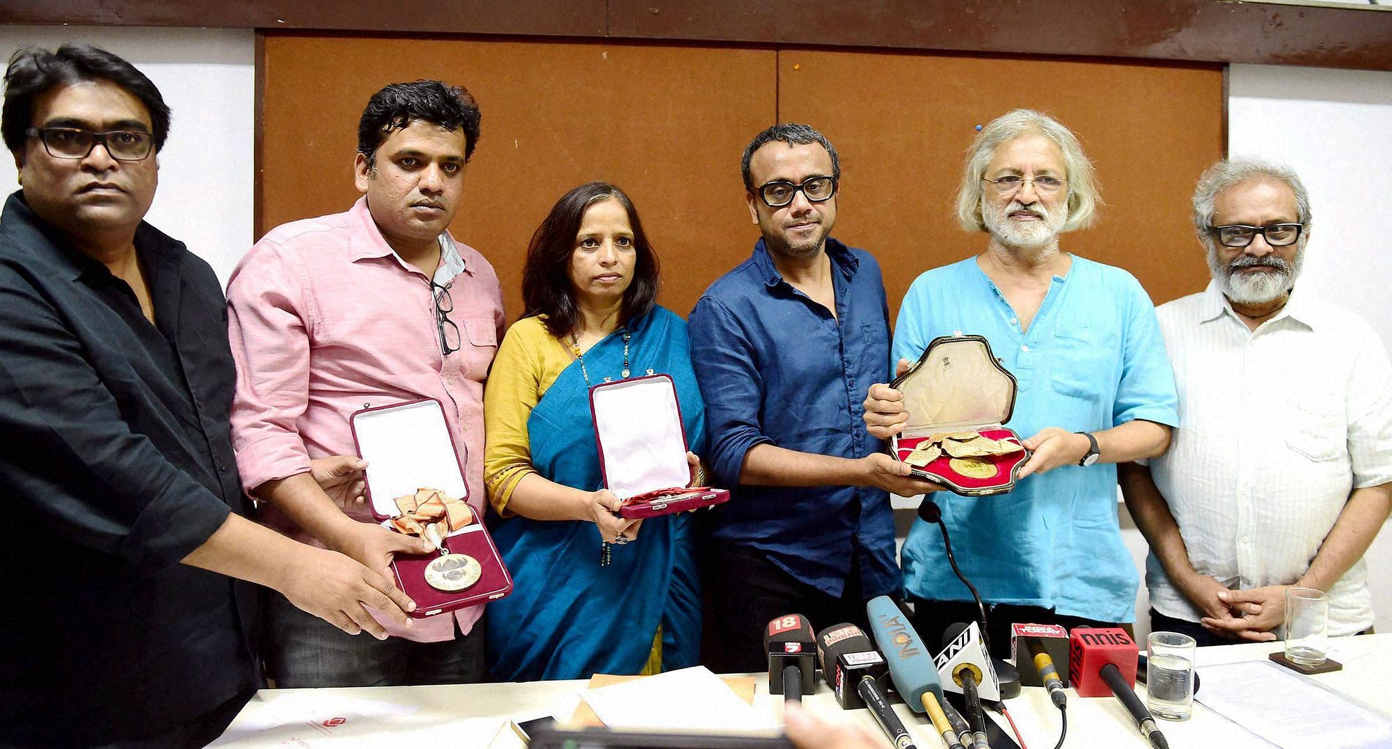 Filmmakers at a press conference returning their National Awards in protest against the government over FTII students strike, in Mumbai on Wednesday. (Photo: PTI)