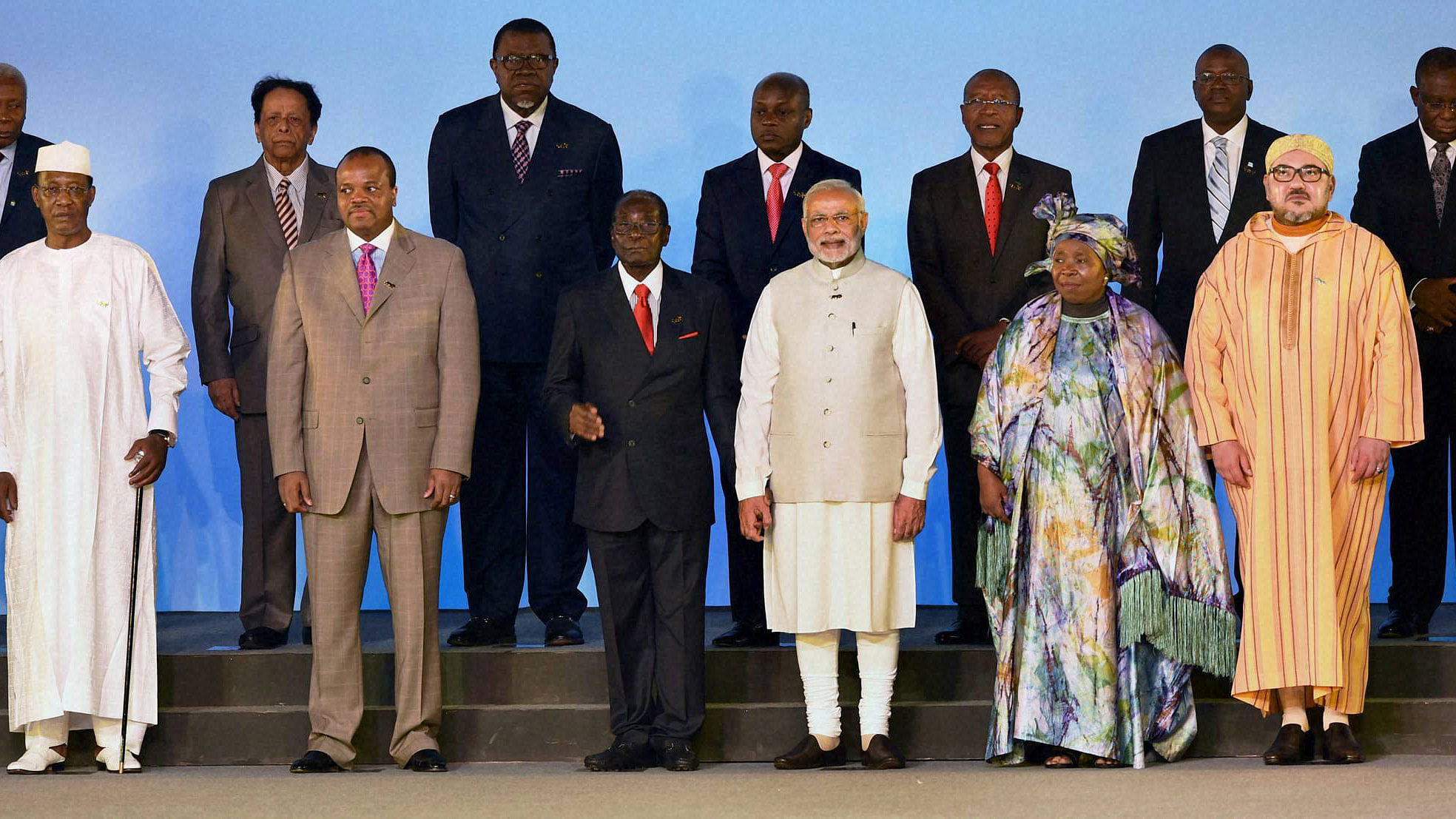 Prime Minister Narendra Modi with IAFS delegations during the India Africa Forum Summit at Indira Gandhi Sports Complex, in New Delhi. (Photo: PTI)&nbsp;