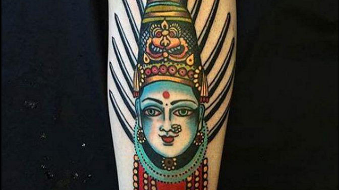 The tattoo of the goddess on the Australian’s shin. (Photo Courtesy: <a href="https://twitter.com/petleepeter">Petlee Peter Twitter</a>)