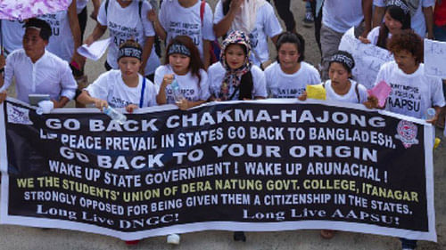 A demonstration  in Itanagar, Arunachal Pradesh, against the Supreme Court’s order granting citizenship to the Chakmas. (Photo courtesy: <a href="https://www.facebook.com/incrediblearunachal/photos/pb.68190457931.-2207520000.1445435075./10153774120452932/?type=3&amp;theater">Facebook</a>)