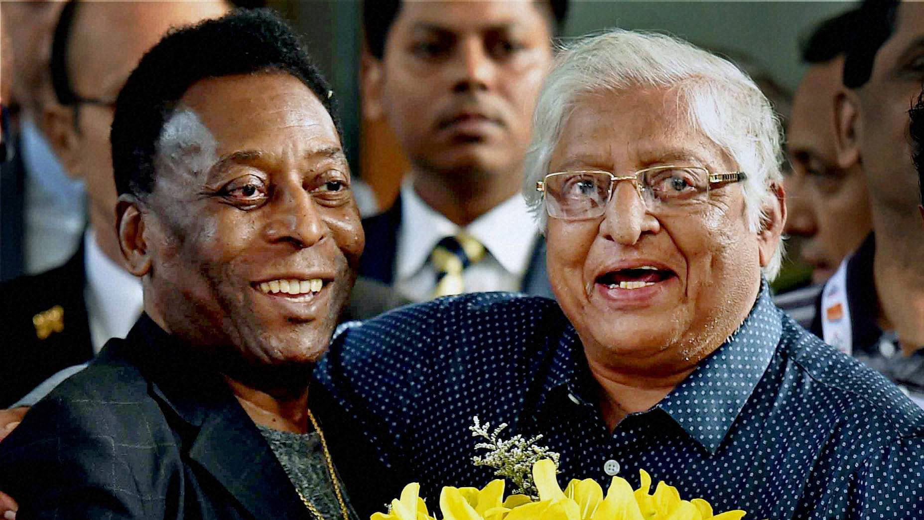 Brazilian Soccer Legend Pele being welcome  by former Indian Footballer Chuni Goswami at a city hotel in Kolkata on Sunday. (Photo: PTI)