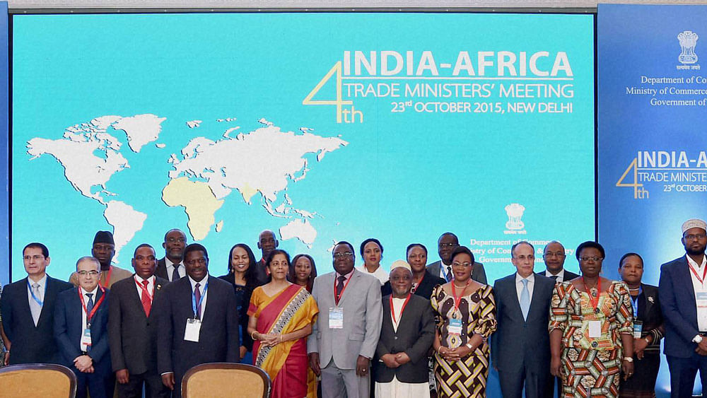 Union Minister Nirmala Sitharaman along with the delegates of African countries at the India-Africa Trade Ministers’ Meeting 2015 in New Delhi on Friday. (Photo: PTI)