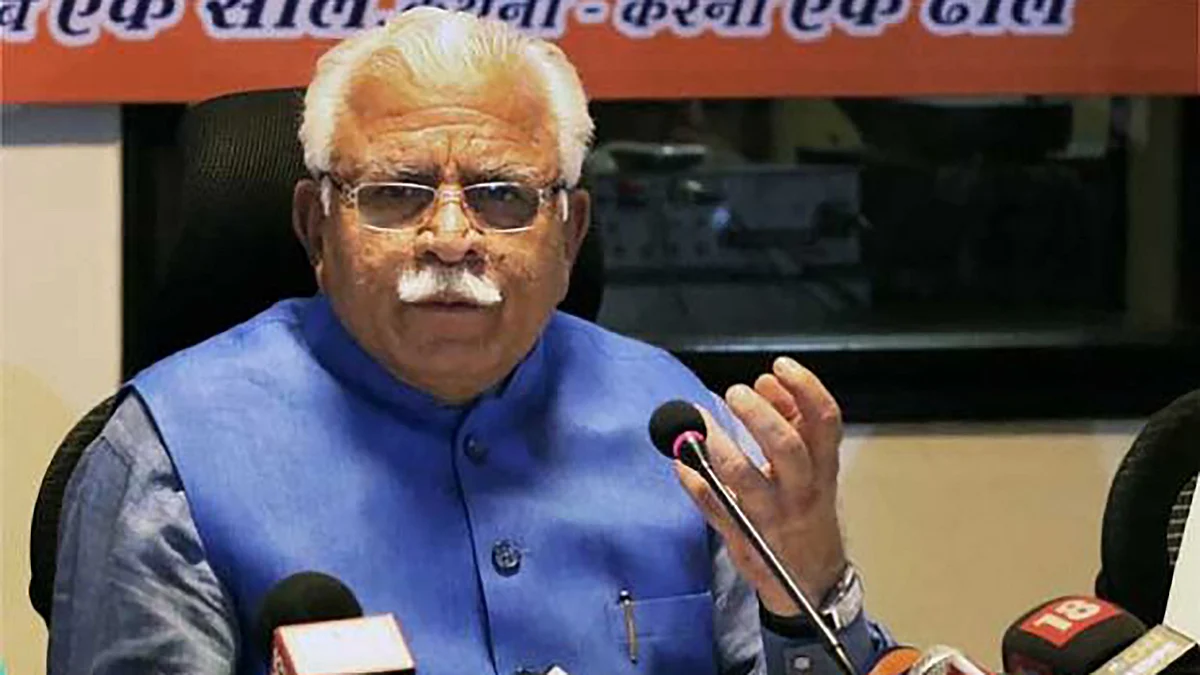 Haryana CM Manohar Lal Khattar addressing the press after completing a year of government. (Photo: PTI)