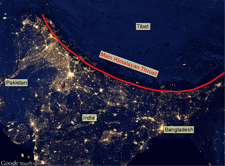 The high density of population living in the shadows of the Himalayas as shown by the nighttime lights. (Photo: Google Maps Engine)