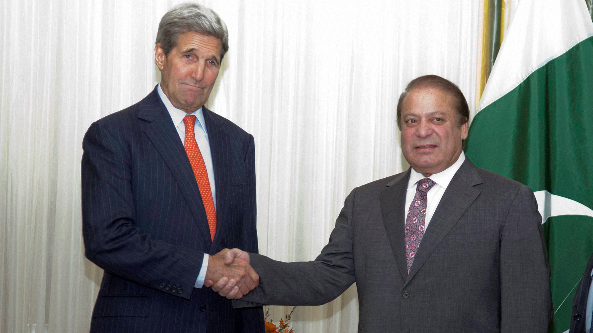 US Secretary of State John Kerry shakes hands with Pakistani Prime Minister Nawaz Sharif during their meeting at  Blair House in Washington, Wednesday, October 21, 2015.(Photo: PTI)