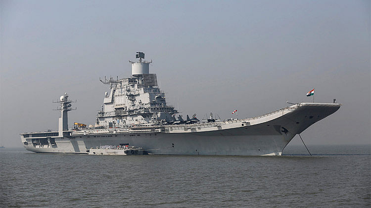INS Vikramaditya, Indian Navy’s aircraft carrier, seen anchored in the Arabian sea as part of Navy Day celebrations off the coast of Mumbai. (Photo: Reuters)