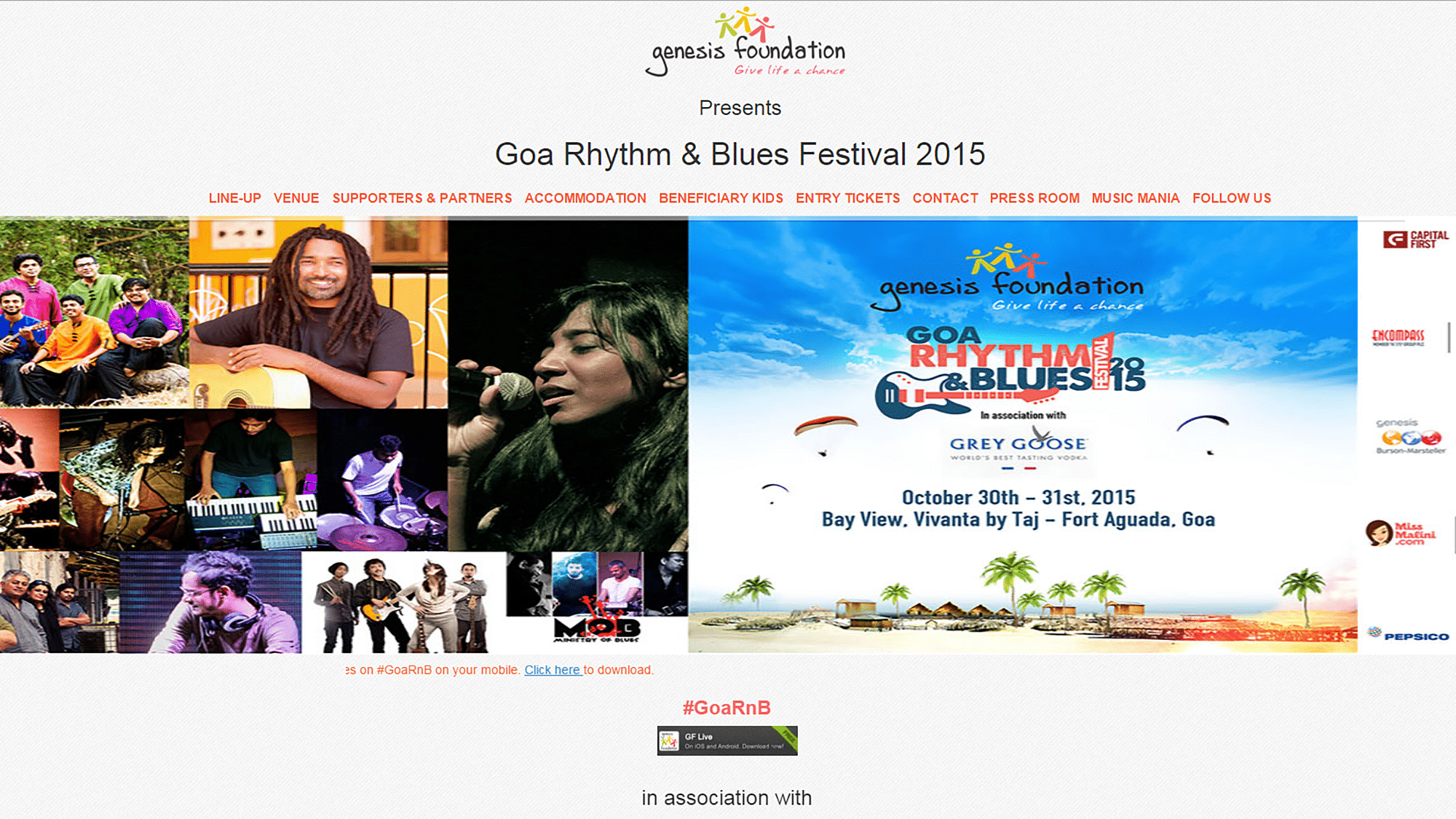 The<a href=" http://genesis-foundation.net/goa-rhythm-blues-2015/#"> webpage screenshot</a> announcing Goa R&amp;B festival.&nbsp;