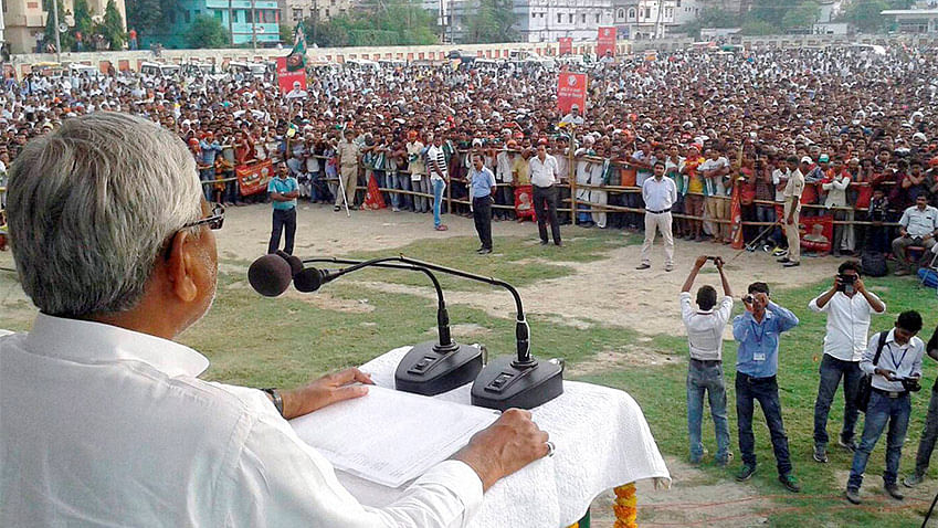 Bihar Chief Minister Nitish Kumar addressing an election rally in Gopalganj, Bihar. (Photo: PTI)