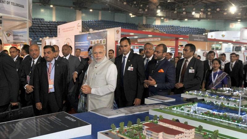 Prime Minister Narendra Modi visiting the India Africa Forum Summit Business exhibition in New Delhi on Thursday. (Photo: PTI)