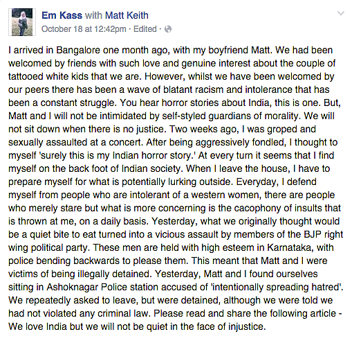 Matt Keith’s girlfriend Emily Kassianou’s Facebook post about the incident