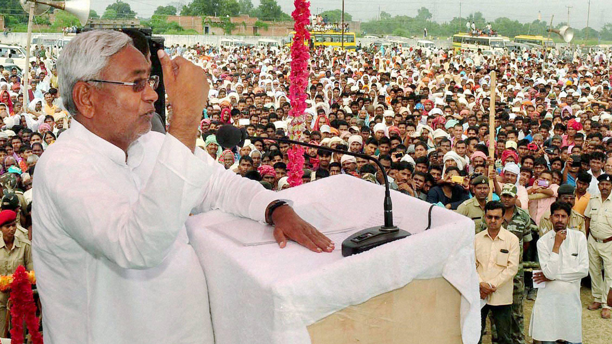  Bihar Chief Minister Nitish Kumar addressing an election rally in Dumraon on Sunday. (Photo: PTI)