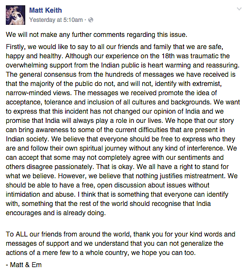 Matt Keith’s latest Facebook post on the incident