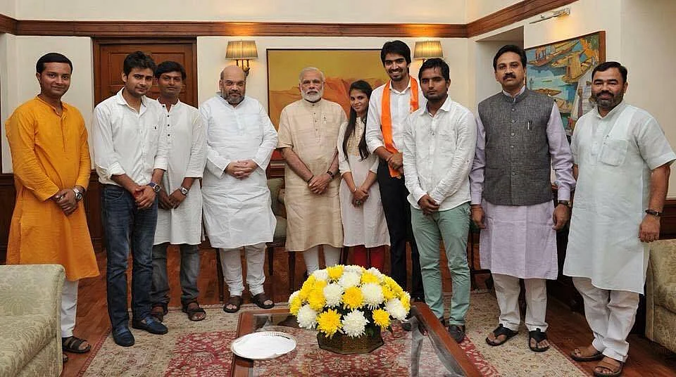 Satender Awana, fourth from right, pictured here with PM Narendra Modi (Photo: Facebook/<a href="https://www.facebook.com/satender.choudhari">Satender Awana Abvp II</a>)