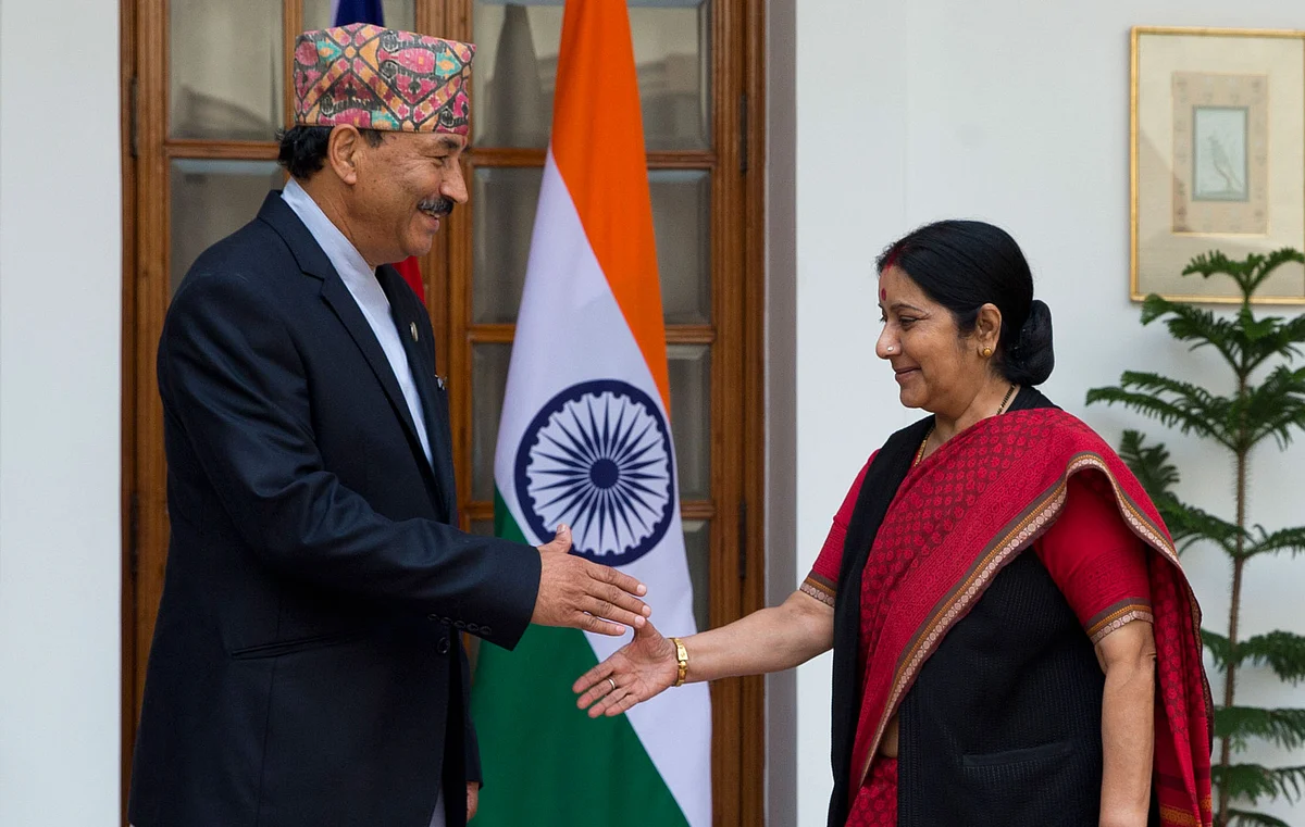 Deputy PM of Nepal, Kamal Thapa with External Affairs Minister Sushma Swaraj on October 18. (Photo: AP)