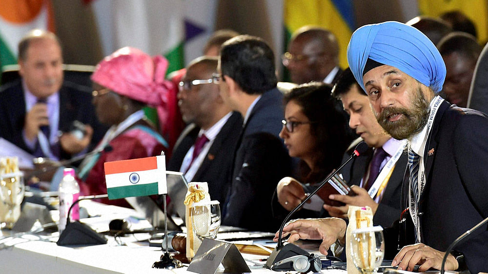 Navtej Singh Sarna (right) Secretary (West) in MEA addresses senior officials at third India Africa Forum Summit in New Delhi on Monday. (Photo: PTI)