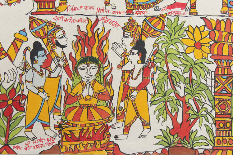 The foundation of Bhanu’s works is based on Indian art;  he has created a 80-metre canvas to retell the Ramayana.