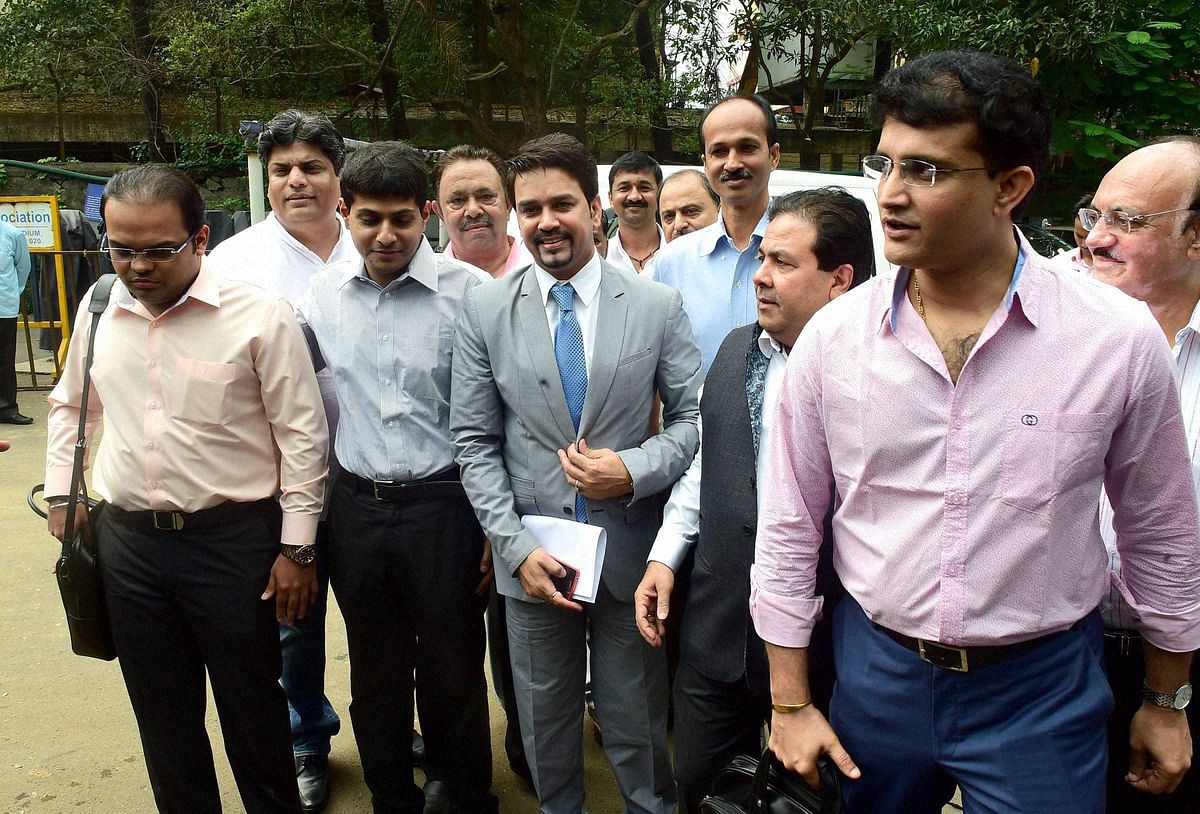 BCCI members Jay Shah, Abhishek Dalmiya, Anurag Thakur, Rajiv Shukla and Sourav Ganguly outside the BCCI headquarters on Sunday. (Photo: PTI)