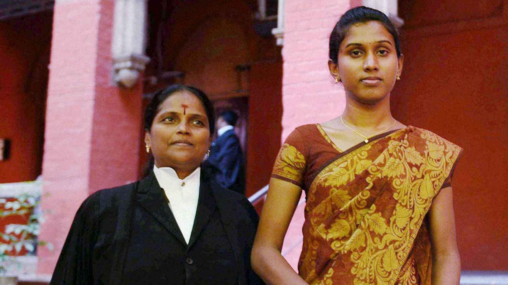 First Transgender Policewoman Sub Inspector K Prithika Yashini (right) at Madras High Court in Chennai on Friday. (Photo: PTI)