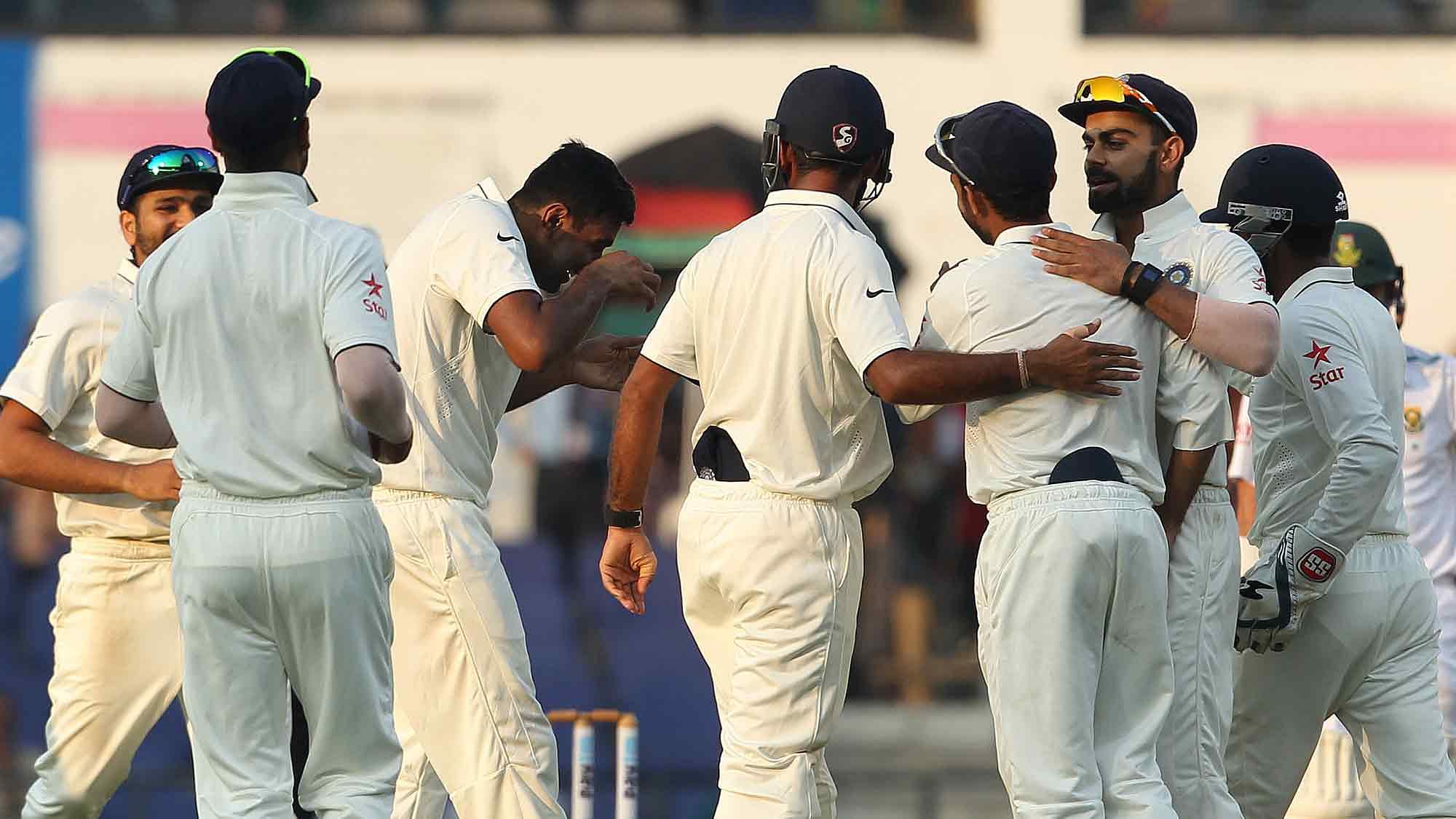 India celebrate the wicket of Stiaan van Zyl. (Photo: Ron Gaunt / BCCI / SPORTZPICS)
