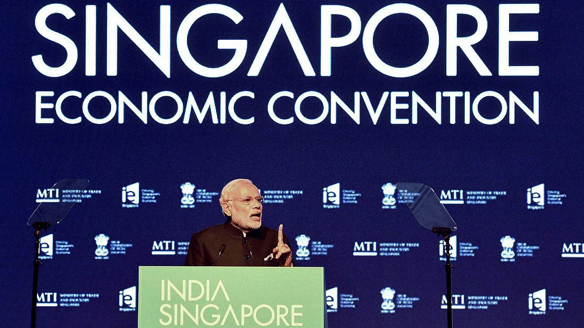 Narendra Modi addressing at the India-Singapore Economic Convention in Marina Bay Sands Convention Centre, in Singapore on Tuesday. (Photo: PTI)