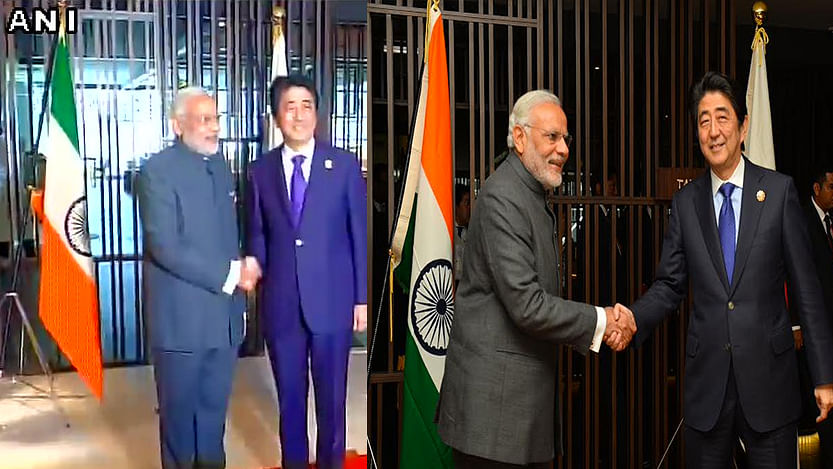 On the left is the screengrab from ANI of Prime Minister Modi meeting his Japanese counterpart Shinzo Abe which shows the tricolour placed upside down, and on the right is the image released by PIB. (Photo: ANI &amp; <a href="https://twitter.com/PIB_India/status/667956181311188992">Twitter/PIB</a>)