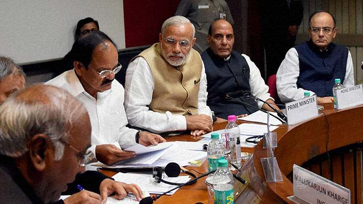Prime Minister Narendra Modi, Home Minister Rajnath Singh, Union Finance Minister Arun Jaitley, Parliamentary Affairs Minister M Venkaiah Naidu at a meeting a day before the Parliament’s winter session at the Parliament House, New Delhi. (Photo: PTI)
