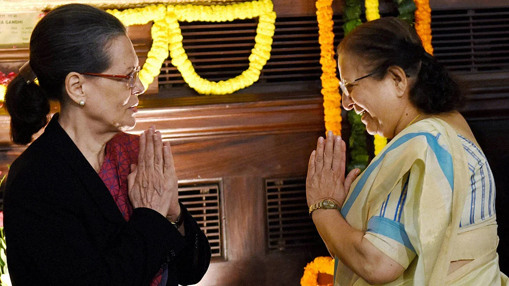 Lok Sabha Speaker Sumitra Mahajan greets Congress President Sonia Gandhi after paying tributes to former Prime Minister Indira Gandhi, November 19, 2015. (Photo: PTI)