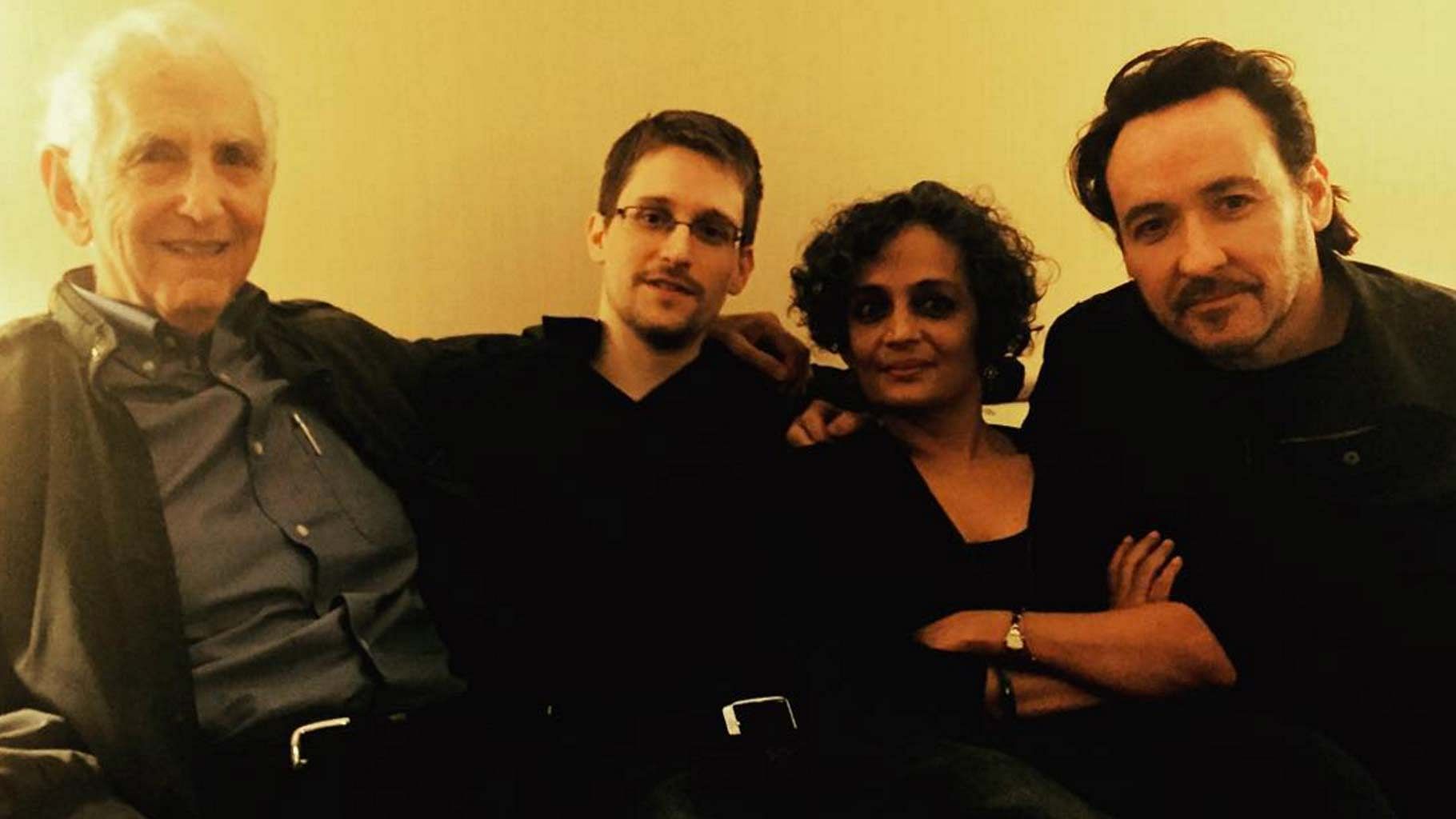 Daniel Ellsberg, Edward Snowden, Arundhati Roy, and John Cusack (L–R). (Photo: <a href="https://www.instagram.com/p/91YLO3gWS7/?taken-by=johncusack">Instagram.com/JohnCusack</a>)