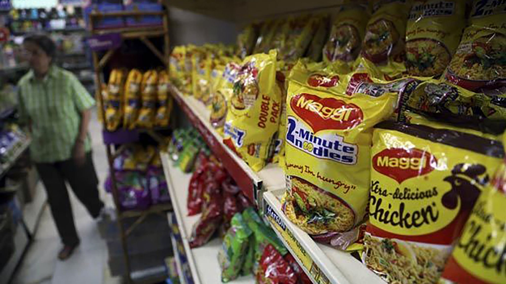 Maggi packets displayed on the shelves. (Photo: PTI)