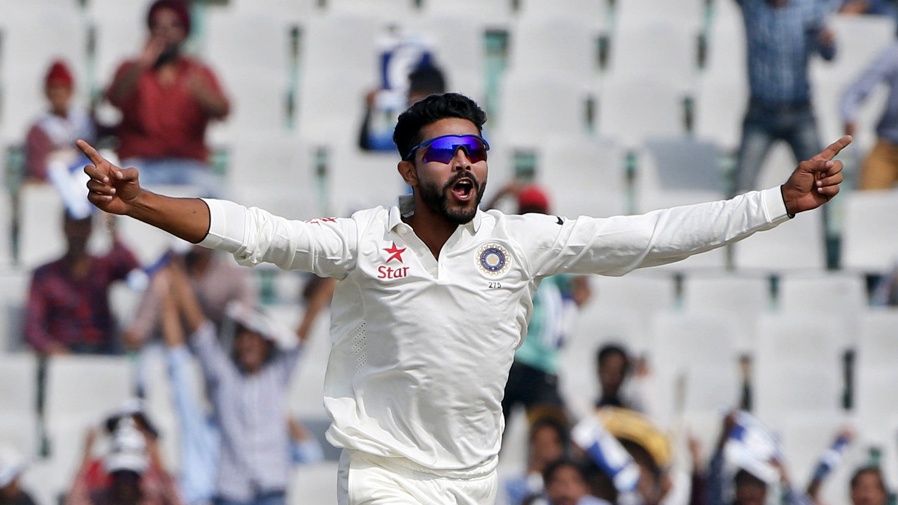 Ravindra Jadeja celebrates after picking up Dane Vilas’ wicket. (Photo: AP)