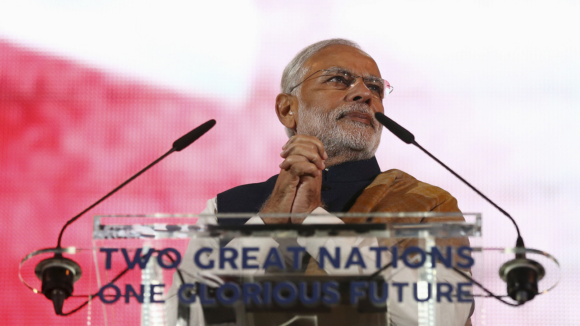 Prime Minister Narendra Modi addressing a welcome rally in his honour at the Wembley Stadium in London. (Photo: Reuters)