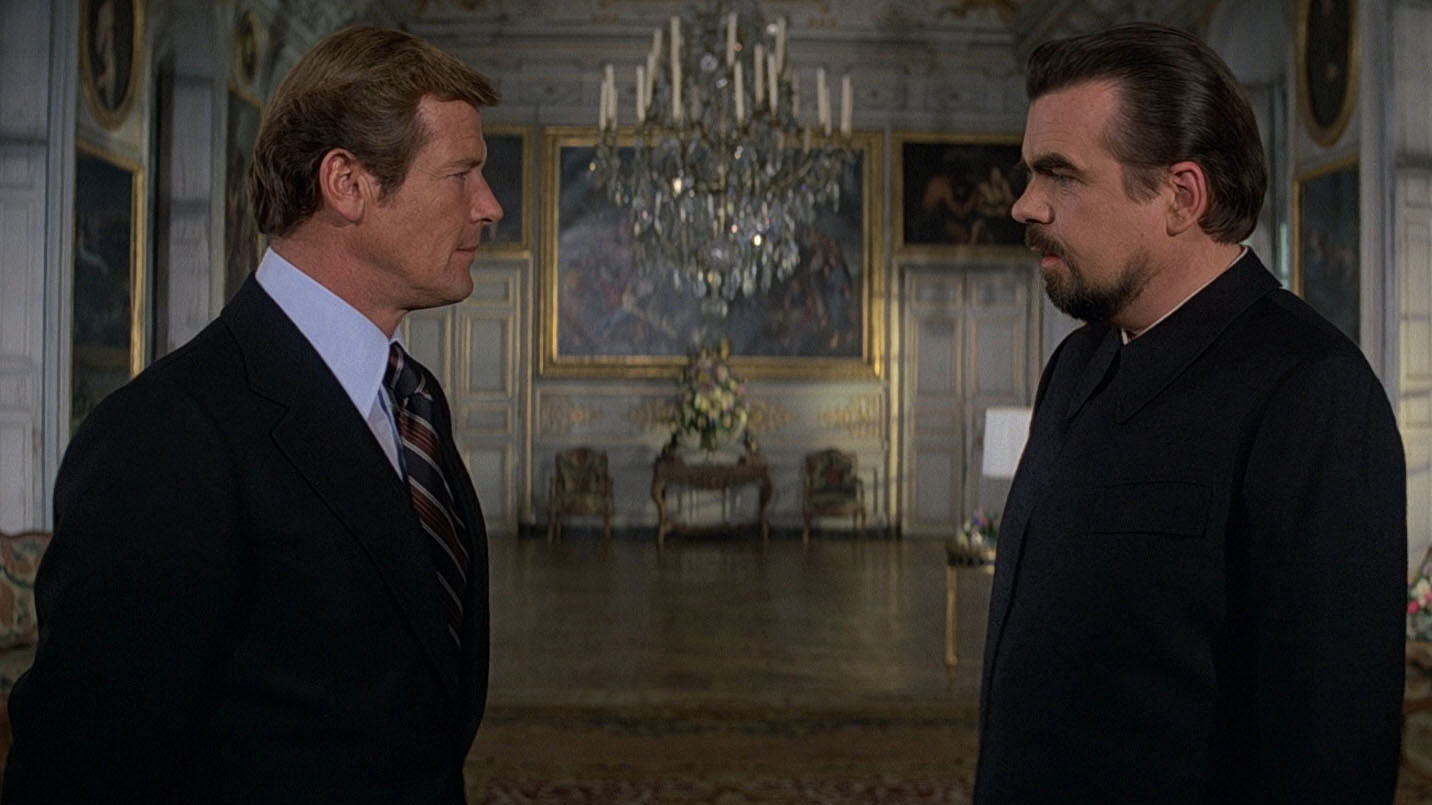 Roger Moore as James Bond and Michael Longsdale as Hugo Drax in a still from <i>Moonraker </i>(1979).