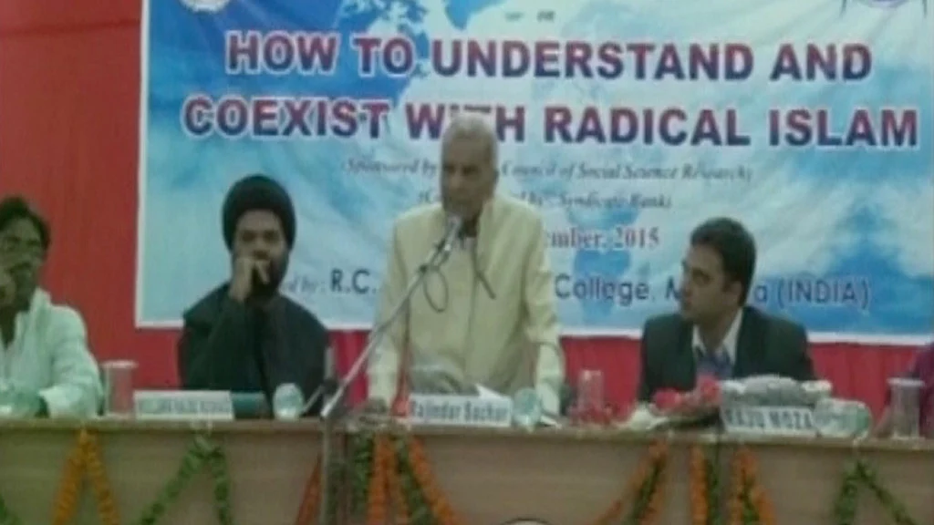 Justice Sachar speaking at the RC Degree College, Mathura, UP. (Photo: ANI screengrab)